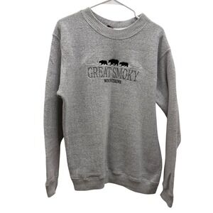 VTG‎ Great Smoky Mountains Bear Embroidered Gray Fleece Sweatshirt Mens Large
